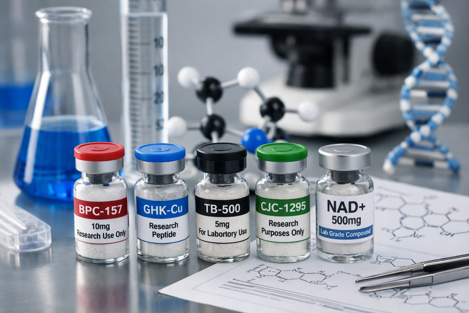 Research peptides UK including GHK-Cu, BPC-157, TB-500 and NAD+ vials in a laboratory setting with analytical equipment