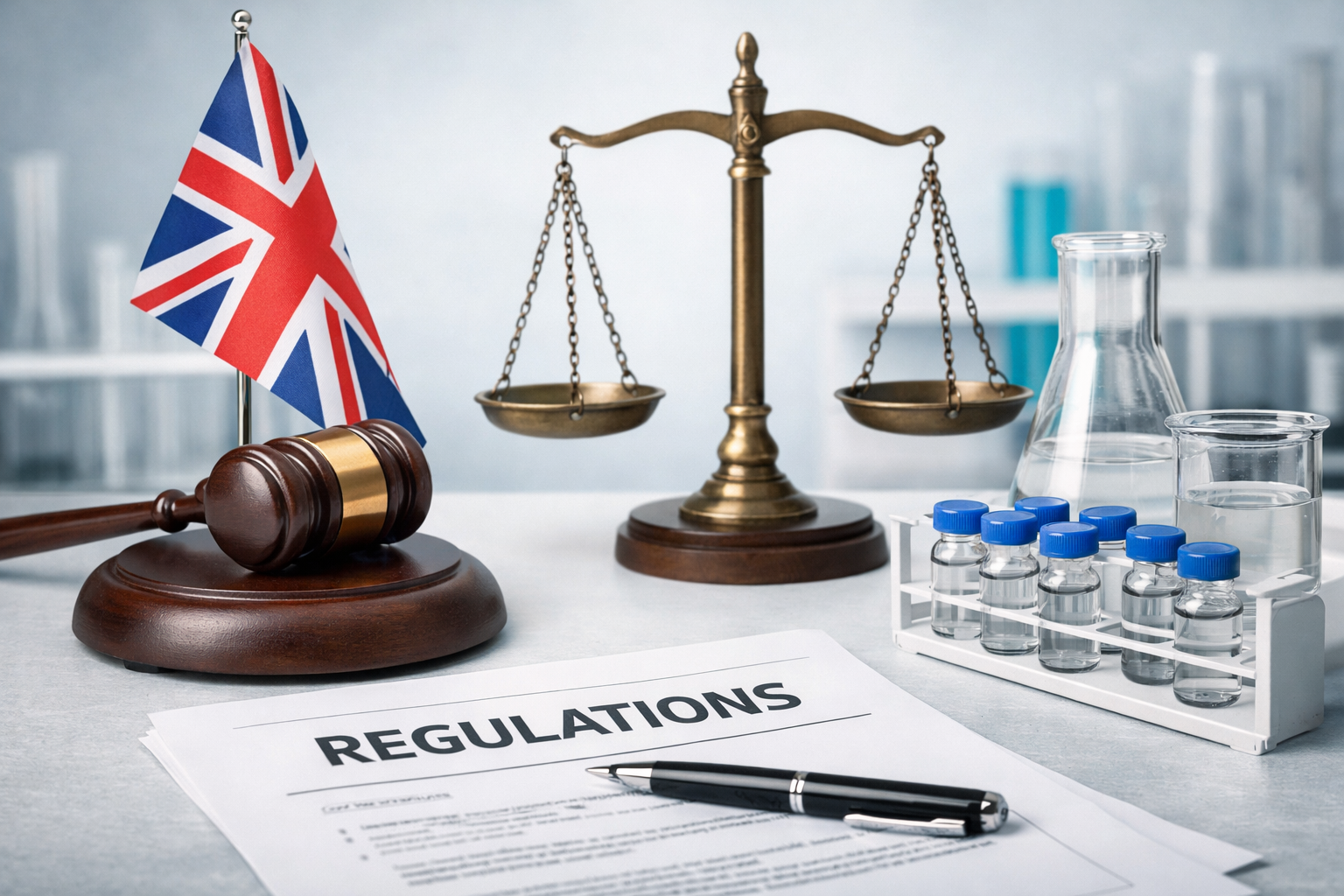 UK research peptide regulations with laboratory vials and legal compliance symbols