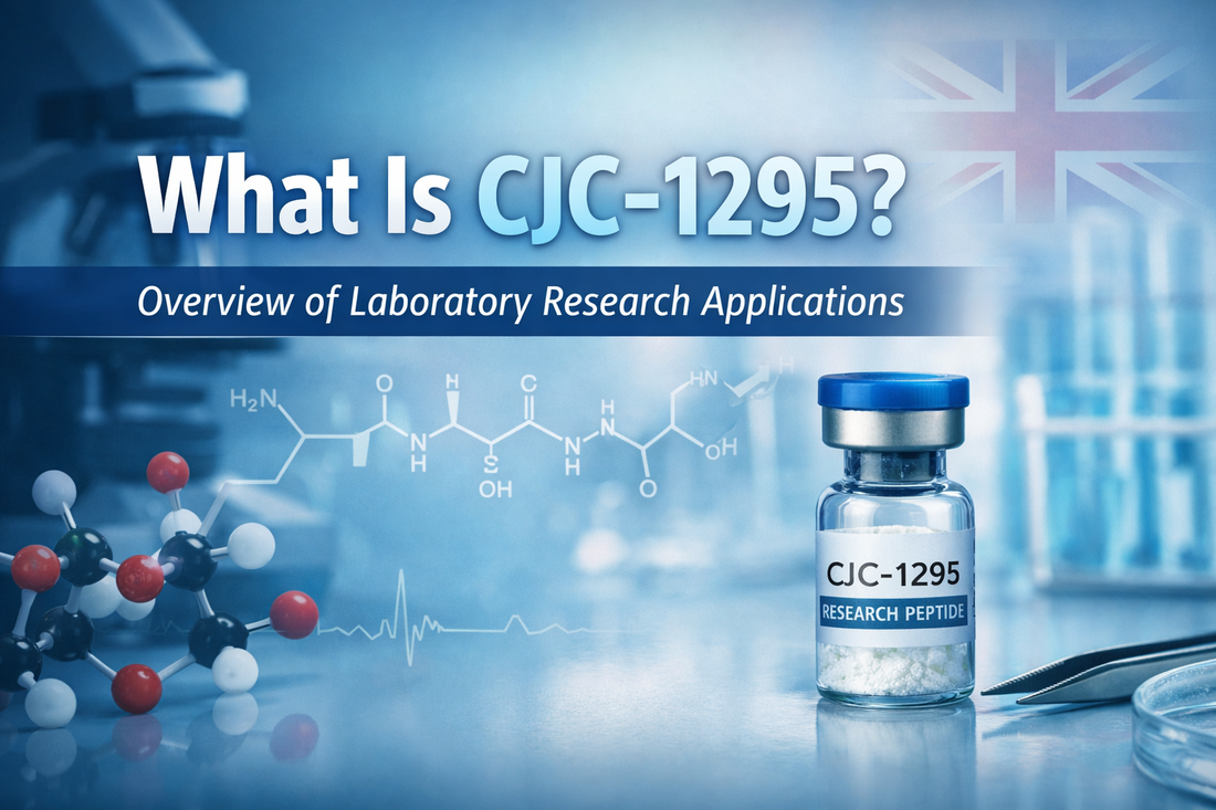 CJC-1295 research peptide vial with molecular structure illustration in a laboratory research setting