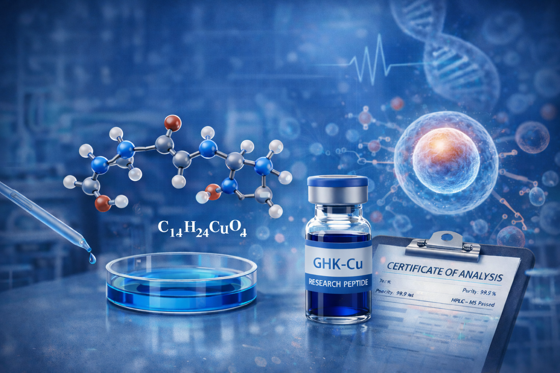 GHK-Cu research peptide vial containing dark blue liquid in a laboratory setting