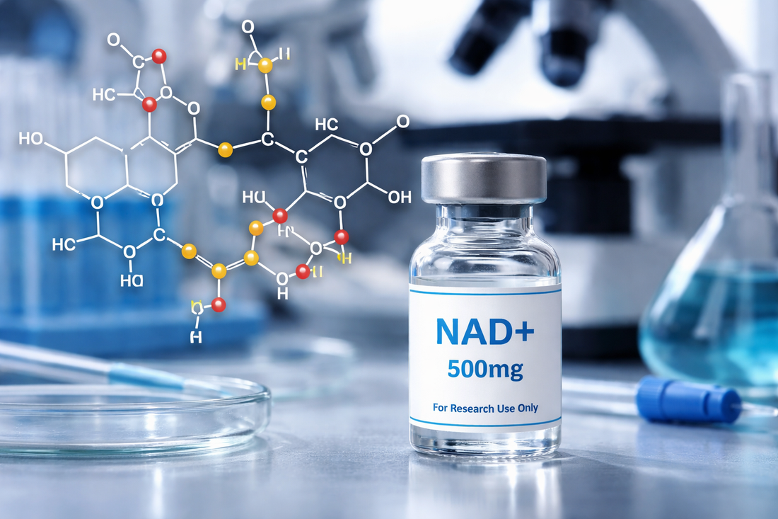 NAD+ 500mg research compound vial in laboratory setting with molecular structure illustration