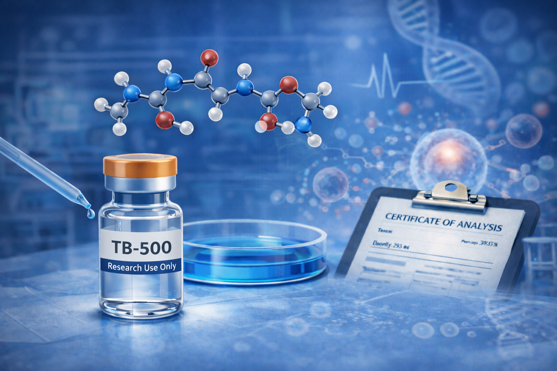TB-500 research peptide illustrated with molecular structure and laboratory analysis elements