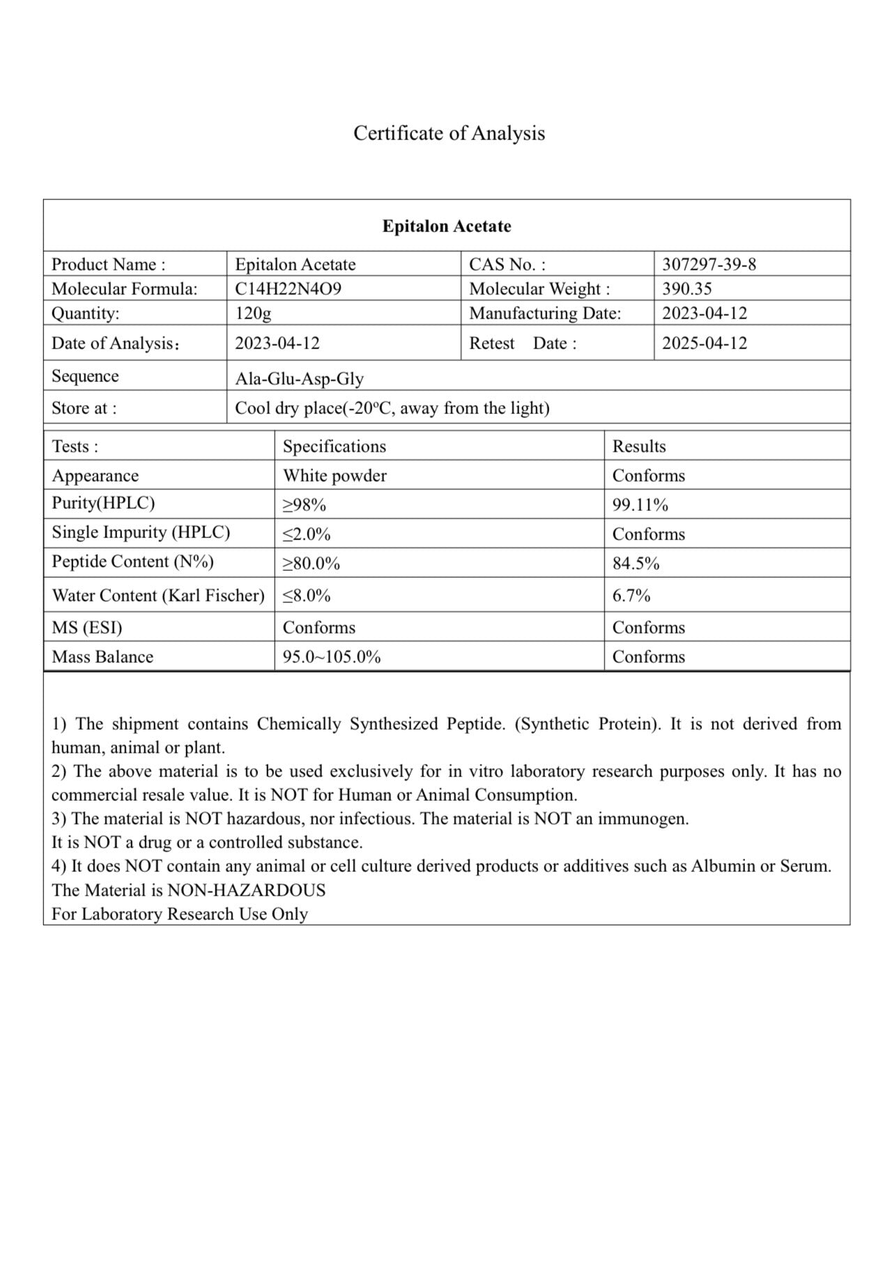 Certificate of Analysis (COA) for Epithalon 10mg peptide showing purity and lab test results - research use only