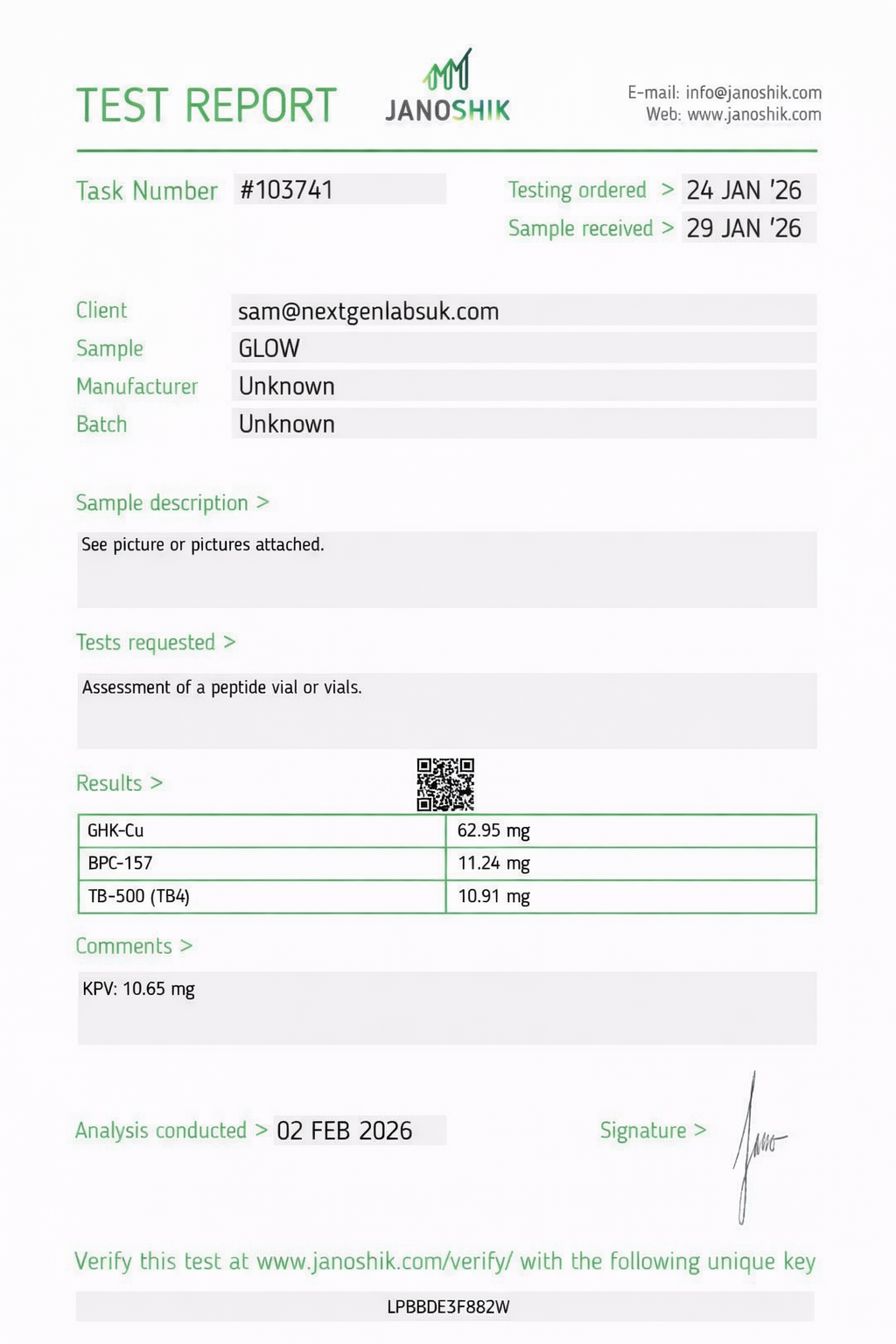 Certificate of Analysis for Glow Blend 70mg showing GHK-Cu, BPC-157 and TB-500 content verified by Janoshik 