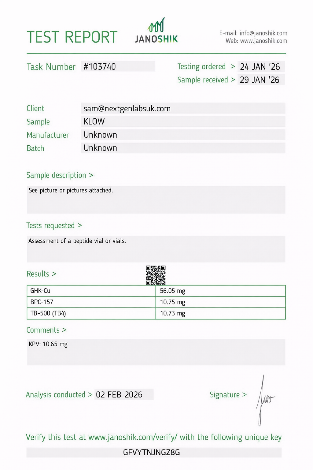Certificate of analysis showing GHK-Cu, BPC-157 and TB-500 content with lab test results by Janoshik