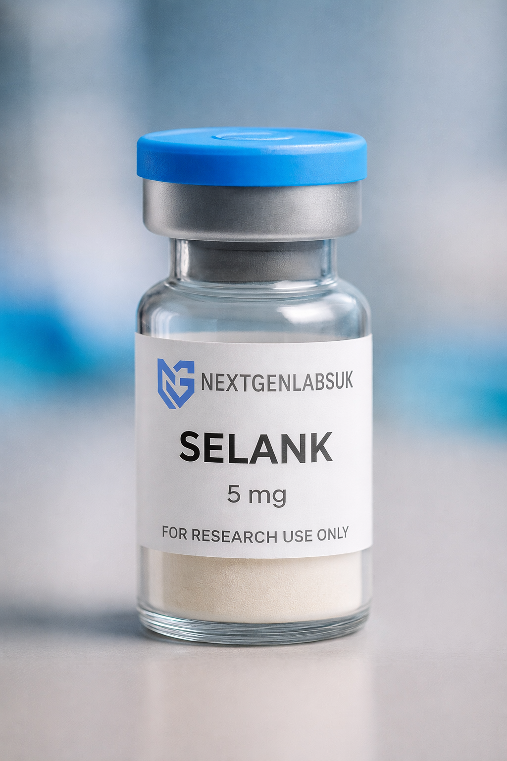 Selank 5mg lyophilised research peptide vial in laboratory setting