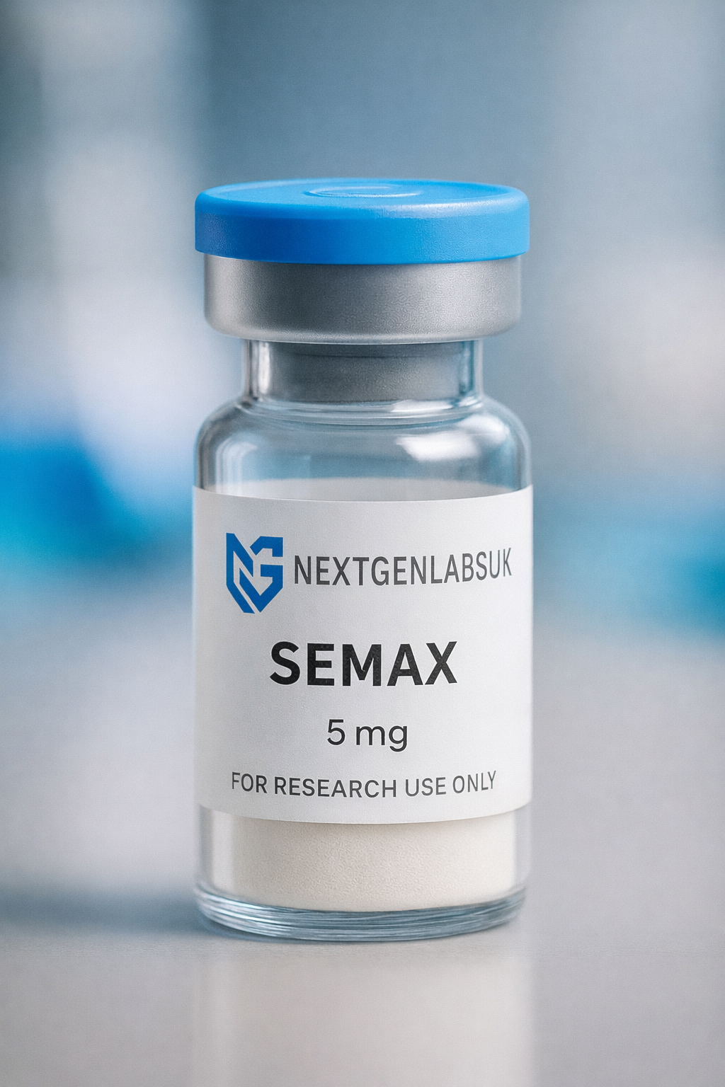 Semax 5mg lyophilised research peptide vial in laboratory setting