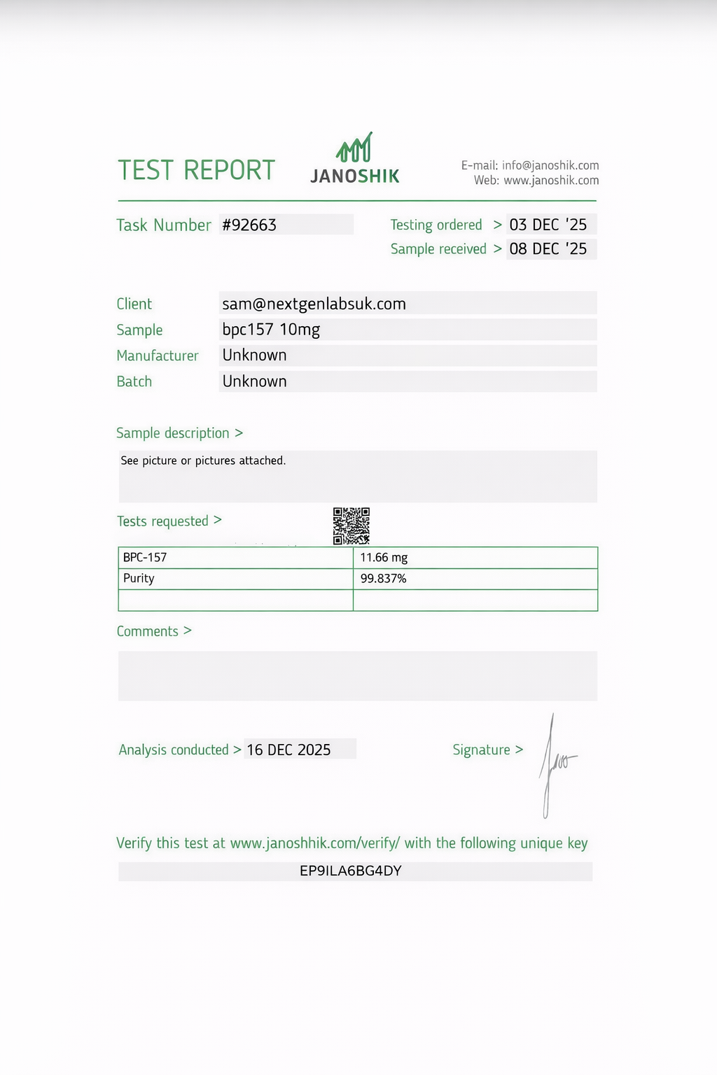 Certificate of Analysis for BPC-157 10mg tested by Janoshik