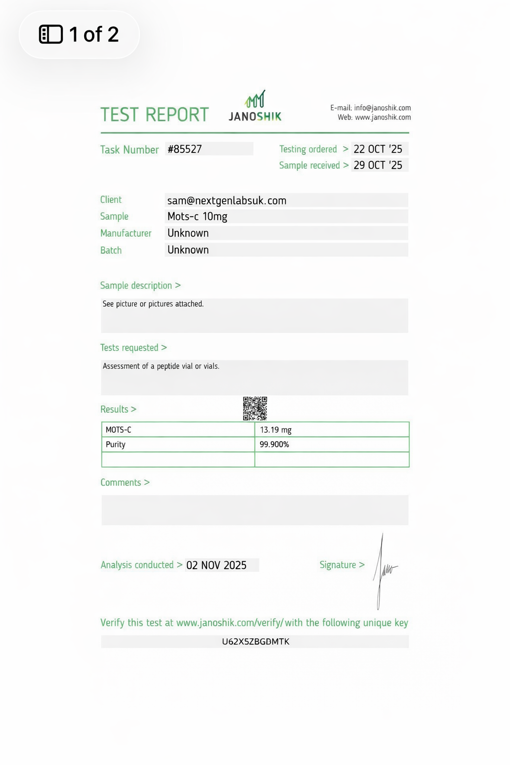 Certificate of Analysis for MOTS-C 10mg tested by Janoshik